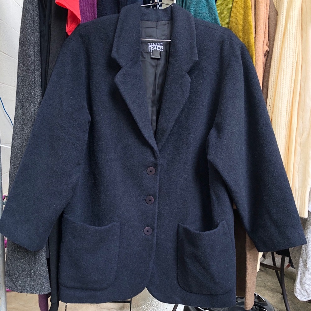 Eileen Fisher Navy Blue Wool Blend Blazer Jacket